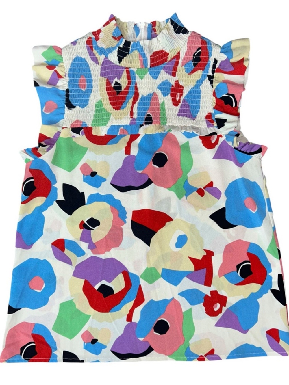 THML Anthropologie Women’s XS Colorful Spring Floral Smocked Mock Neck Top nwot